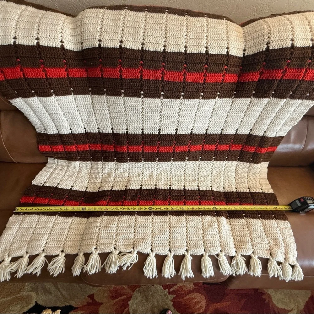Vintage Hand Made Crocheted Afghan Red and Brown Striped Retro Throw Blanket